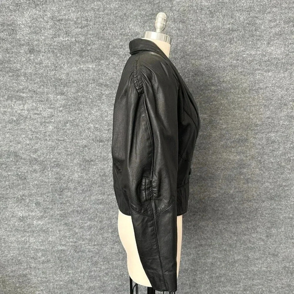 Vintage 80s Leather Ranch Jacket Womens 2 / Small Black Cropped Boxy Glam Rock - Picture 3 of 16